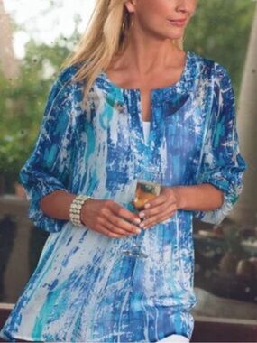 Gorgeous 100% Silk Soft Surroundings Blue & White Tunic, hand-sewn glass beads